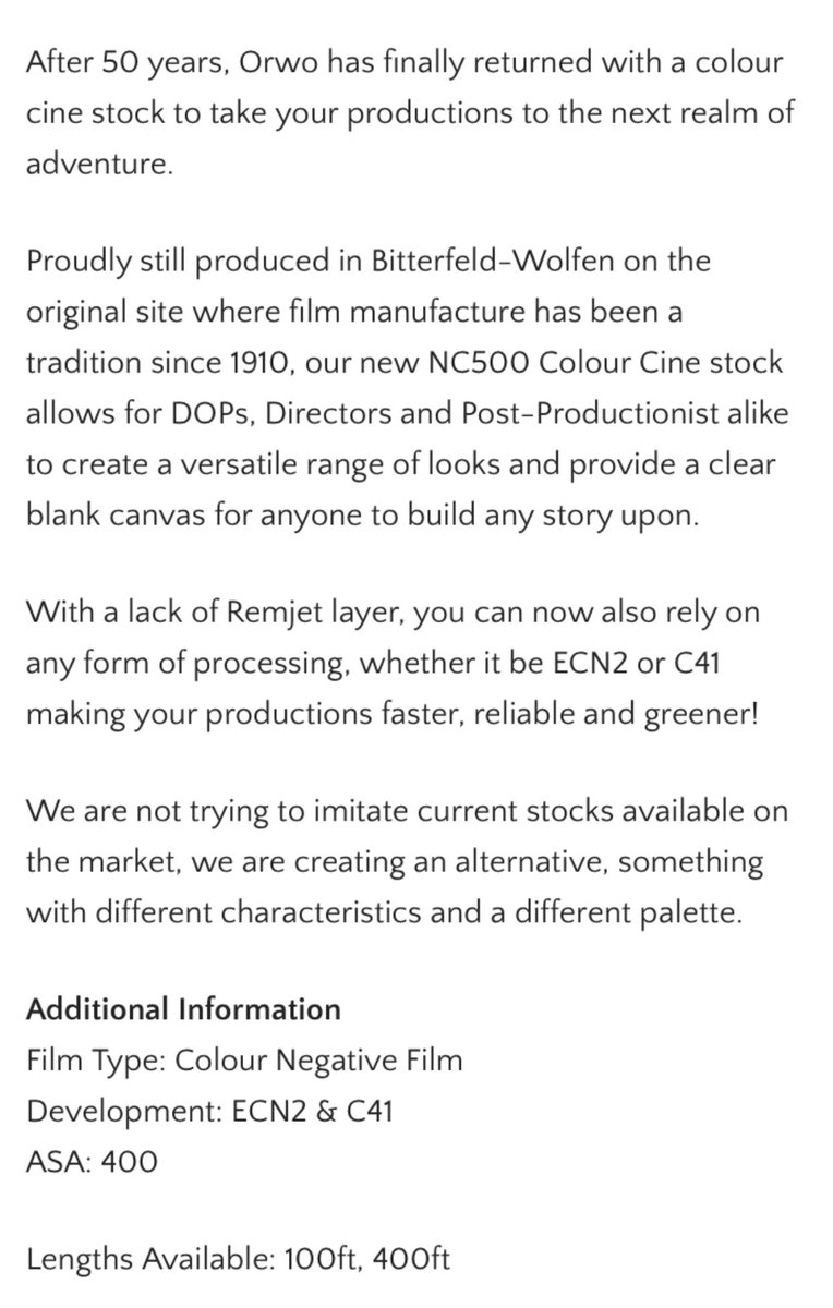 8888SEB's tweet photo. This is massive. I saw a post by ORWO about color cine film. Checking their website they have NC500 as 35mm color motion picture film in bulk. It’s listed as “sold out” which stinks. However what caught my interest is the film DOES NOT have remjet. That means bulk color film! https://t.co/yotqAWpxEx