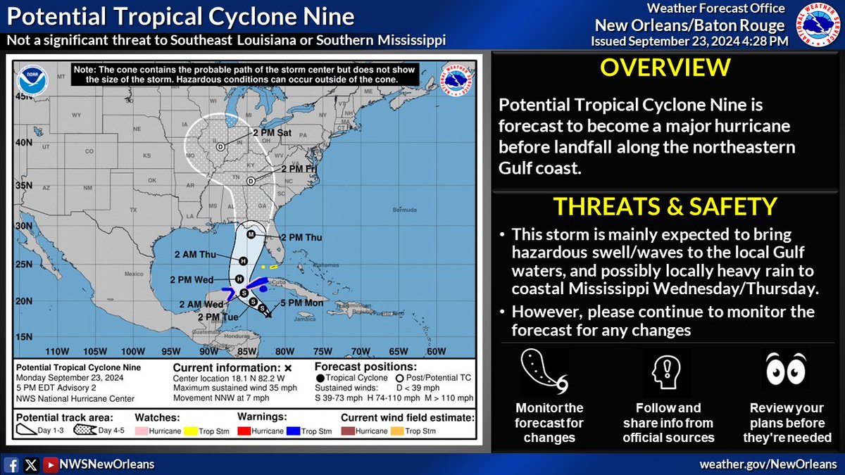 NWSNewOrleans's tweet photo. It's likely PTC 9 will stay well to our east w/ only limited local impacts:  hazardous marine conditions &amp; possibly heavy rain for coastal MS Wed/Thu.

If you have family/friends in FL, make sure they're paying attention! It is forecast to be a major hurricane by landfall Thurs. https://t.co/z5nnicwTdT