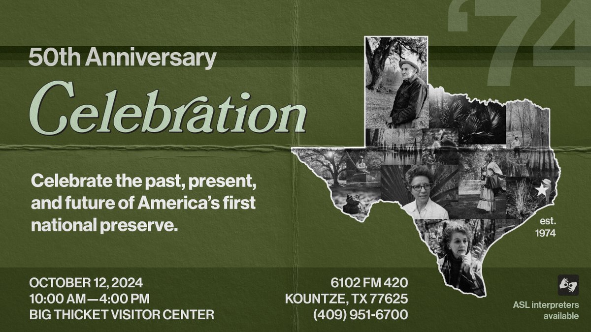 Far out! ✌ We’re gearing up to celebrate 50 years of #BigThicket National Preserve on October 12. You’re invited to boogie on down to our groovy birthday party! 🥳

It’s FREE—join us for guest speakers, tribal demonstrations, free food, activities, and check out our new trail!