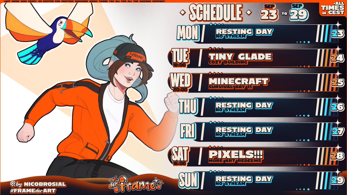 FRMFrame's tweet photo. ✨STREAM SCHEDULE ~ SEP 23 - SEPT 29 ✨
Little different schedule this week as I am super excited to try out Tiny Glade tommrow 🏠🧡
This weeks art is made by @nicobrosial (artfight attack)
#FrameSchedule https://t.co/ITQM3uNXxN