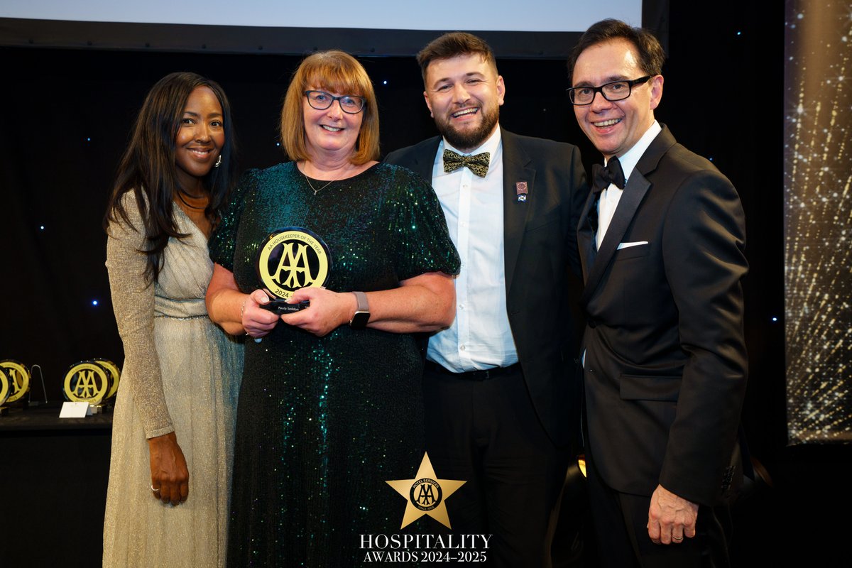 AAHospitality's tweet photo. Congratulations to @paulaseddon from @HotelCrowwood in #Lancashire who is the winner of the AA #Housekeeper of the Year, sponsored by @SealyUK. 
 
 #AAawards https://t.co/IScrfhTngN
