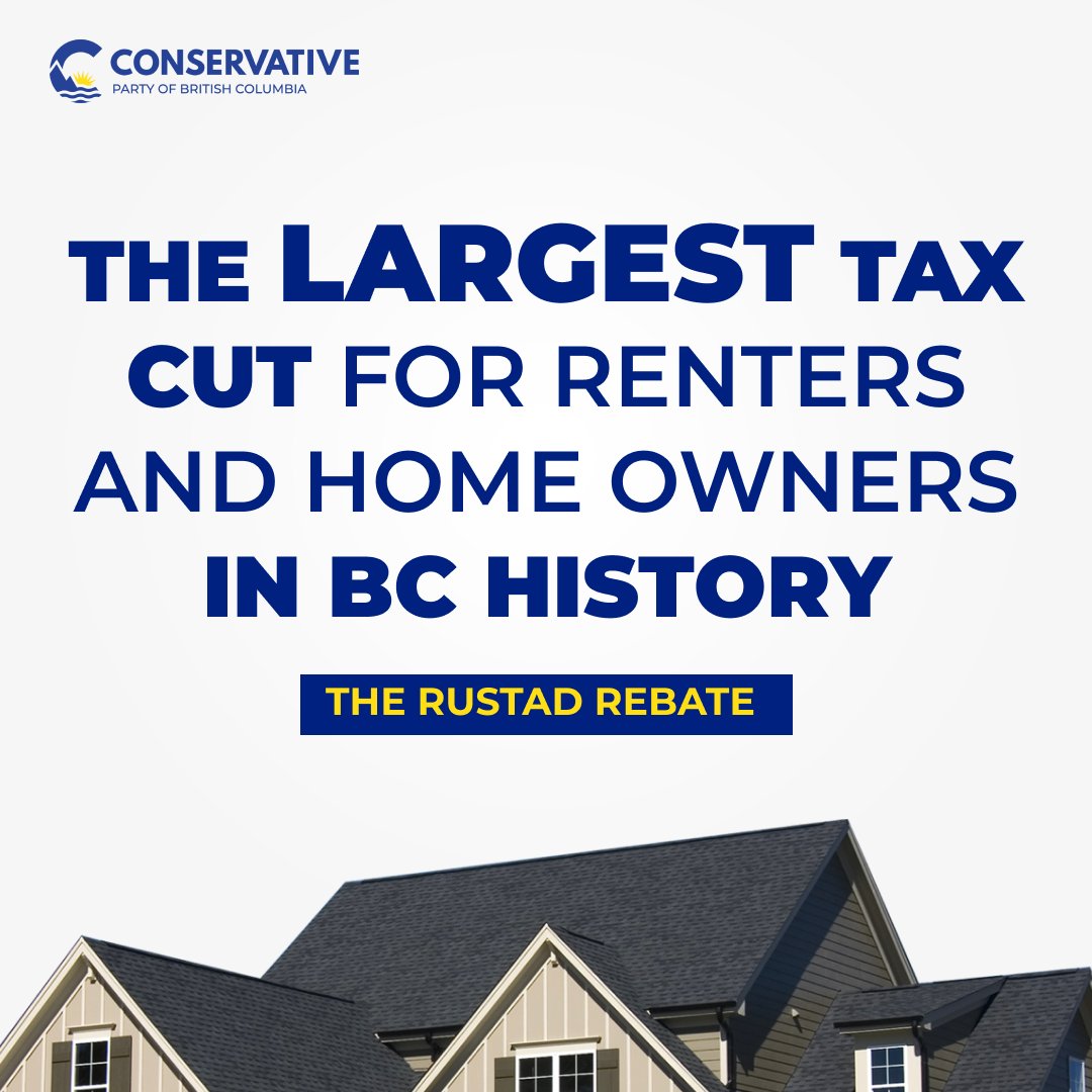 Conservative_BC's tweet photo. The Rustad Rebate is the biggest tax cut in B.C. history for renters & homeowners—up to $3,000/month exempt from income tax on rent or mortgage interest. While Eby offers band-aid solutions, John Rustad puts money back in your pocket. Learn more at: https://t.co/Xh9hOkVcF4 https://t.co/iWsGOip8vK