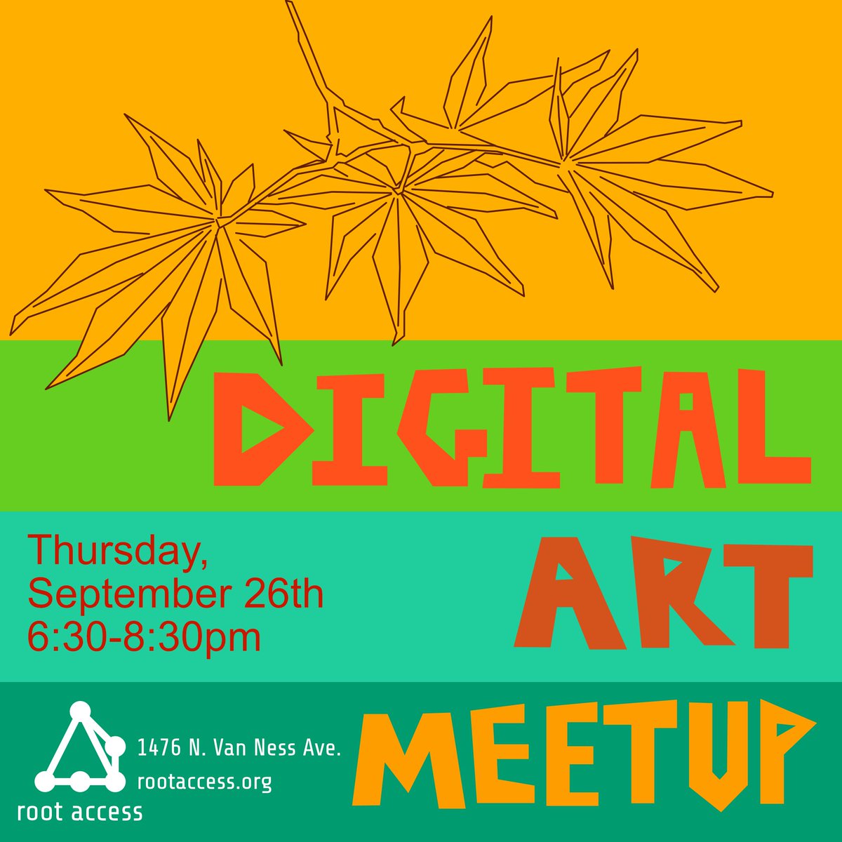 Bring out your artwork in this show-and-tell style monthly event. This thursday, September 26th at 6:30pm, come out to the Digital Art Meetup. Food will be provided, and you can bring some too.