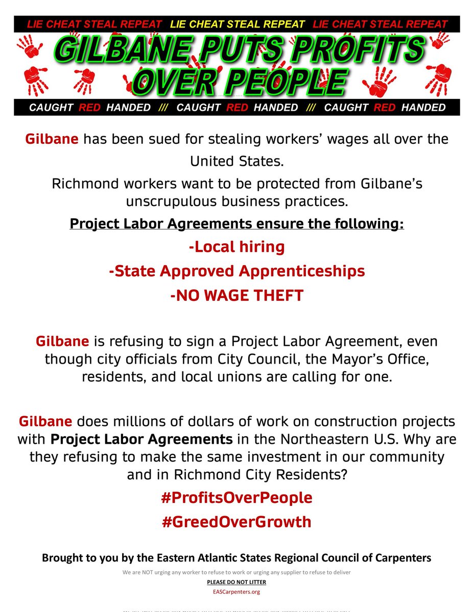 Carpenters_205's tweet photo. It’s time for Gilbane to invest in Richmond’s future—not just their own bottom line. Demand they negotiate a PLA today and protect our community’s workers!
#RichmondStrong #BuildWithRespect #InvestInPeople #PLANow https://t.co/HURzjEEn8F