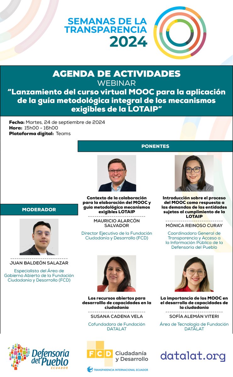 DEFENSORIAEC's tweet photo. ✉️#SemanasTransparencia | La DPE, @FCD_Ecuador y @datalat te invitan al curso virtual MOOC para la aplicación de la guía metodológica integral de los mecanismos exigibles de la #LOTAIP
🗓️24 sept.
⏰15h00
✅Inscríbete: https://t.co/eyzSTpgvIG
💻Transmisión: https://t.co/UelB8HcuJz https://t.co/xybRjt5eG6