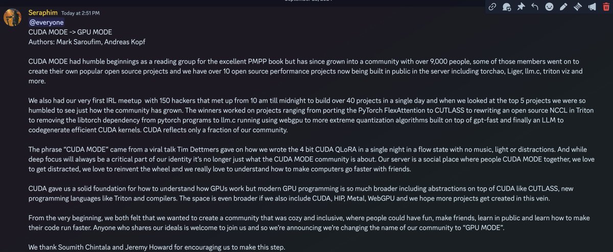 Mark Saroufim (@marksaroufim) on Twitter photo From the beginning, <a href="/neurosp1ke/">Andreas Köpf</a> and I wanted a community that was cozy, inclusive and fun where you could make friends and learn how to make your code faster
Anyone who shares our ideals is welcome. We’re announcing we’re changing the name of our community to “GPU MODE”. From the beginning, <a href="/neurosp1ke/">Andreas Köpf</a> and I wanted a community that was cozy, inclusive and fun where you could make friends and learn how to make your code faster
Anyone who shares our ideals is welcome. We’re announcing we’re changing the name of our community to “GPU MODE”.