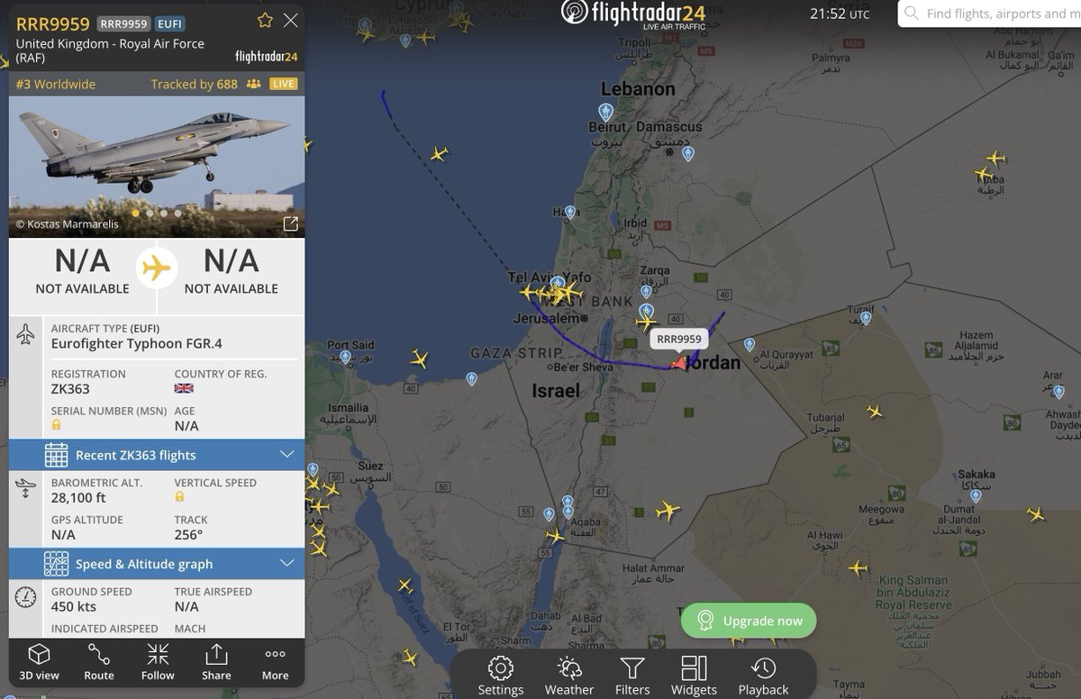 Just some British Typhoon fighter aircraft in the middle of Jordan for some reason, fun fact: there's like a 3 hour gap, where they weren't broadcasting their position.