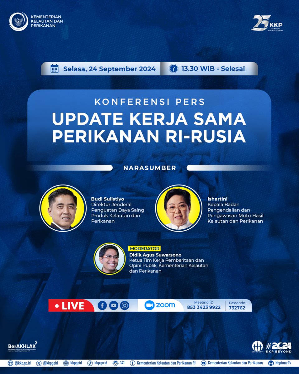 Halo #SahabatBahari , pengen tau apa hasil pertemuan Kepala BPPMHKP bersama Pimpinan Delegasi Rusia pd pertemuan bilateral di St. Petersburg beberapa waktu lalu?

Yuk, kita ikuti konferensi pers "Update Kerjasama Perikanan RI - Rusia" oleh Ka BPPMHKP dan Dirjen PDSPKP siang nanti