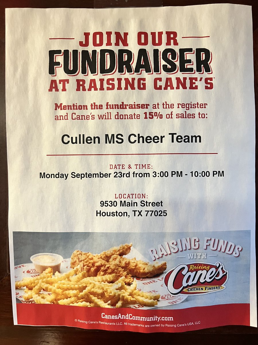 GameChangingEd's tweet image. Join our Bobcats Cheer team at Cane’s located at 9530 Main st, today September 23rd between 3 and 10pm! All you have to do is mention “Cullen MS Cheer Team” at checkout. We can’t wait to see you there!