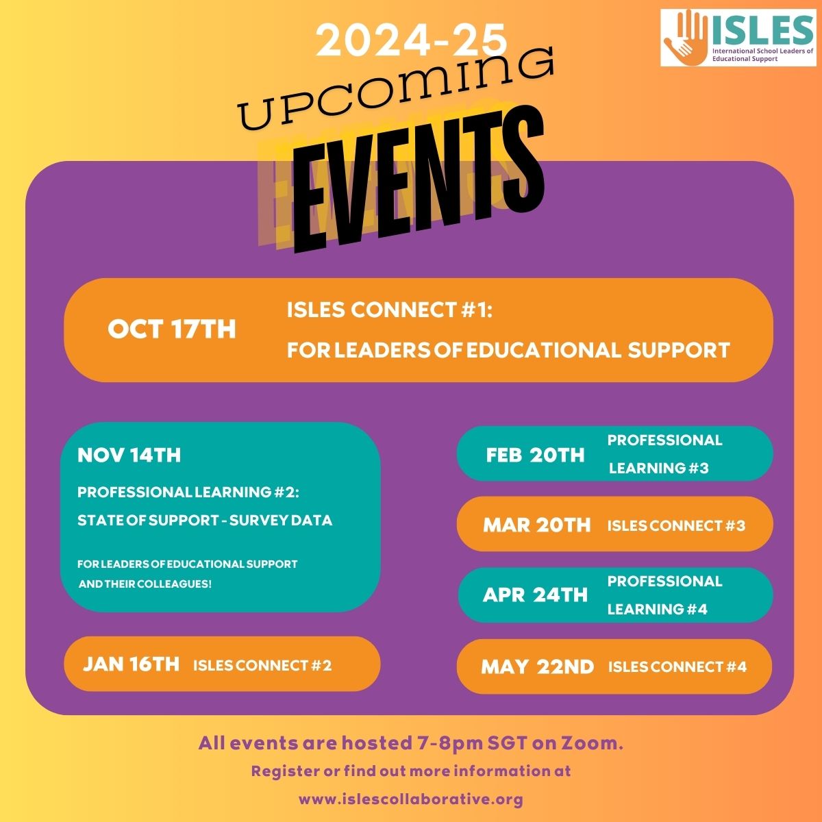 Did you know that ISLES offers 2 different types of events?

🔶 ISLES Connects
🔸 for Leaders of Educational Support

🔷 ISLES Professional Learning
🔹 open to Leaders of Educational Support + their colleagues

RSVP  to an upcoming ISLES event here: bit.ly/islesevents