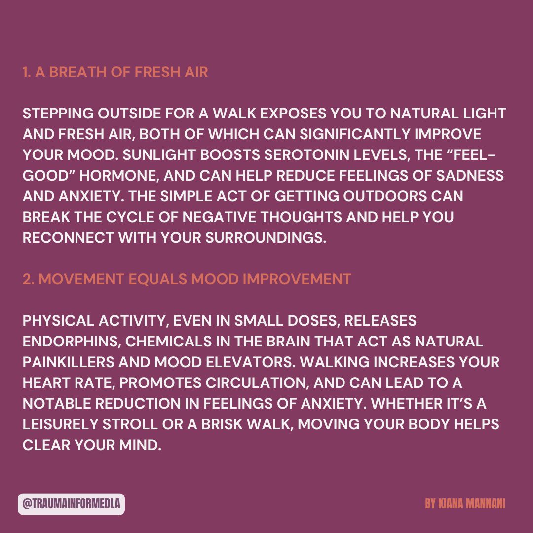 traumainformdla's tweet image. Happy Mindful Monday!! ❤️

This week&apos;s piece by Kiana Mannani focuses on how daily walking can be used as a remedy for anxiety! 🚶🏾‍♀️

Visit our website for more content!
To view previous blog posts, visit our blog! 🌻

#traumainformedla #blogday