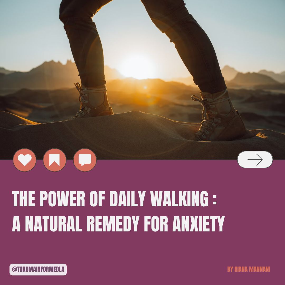 traumainformdla's tweet image. Happy Mindful Monday!! ❤️

This week&apos;s piece by Kiana Mannani focuses on how daily walking can be used as a remedy for anxiety! 🚶🏾‍♀️

Visit our website for more content!
To view previous blog posts, visit our blog! 🌻

#traumainformedla #blogday