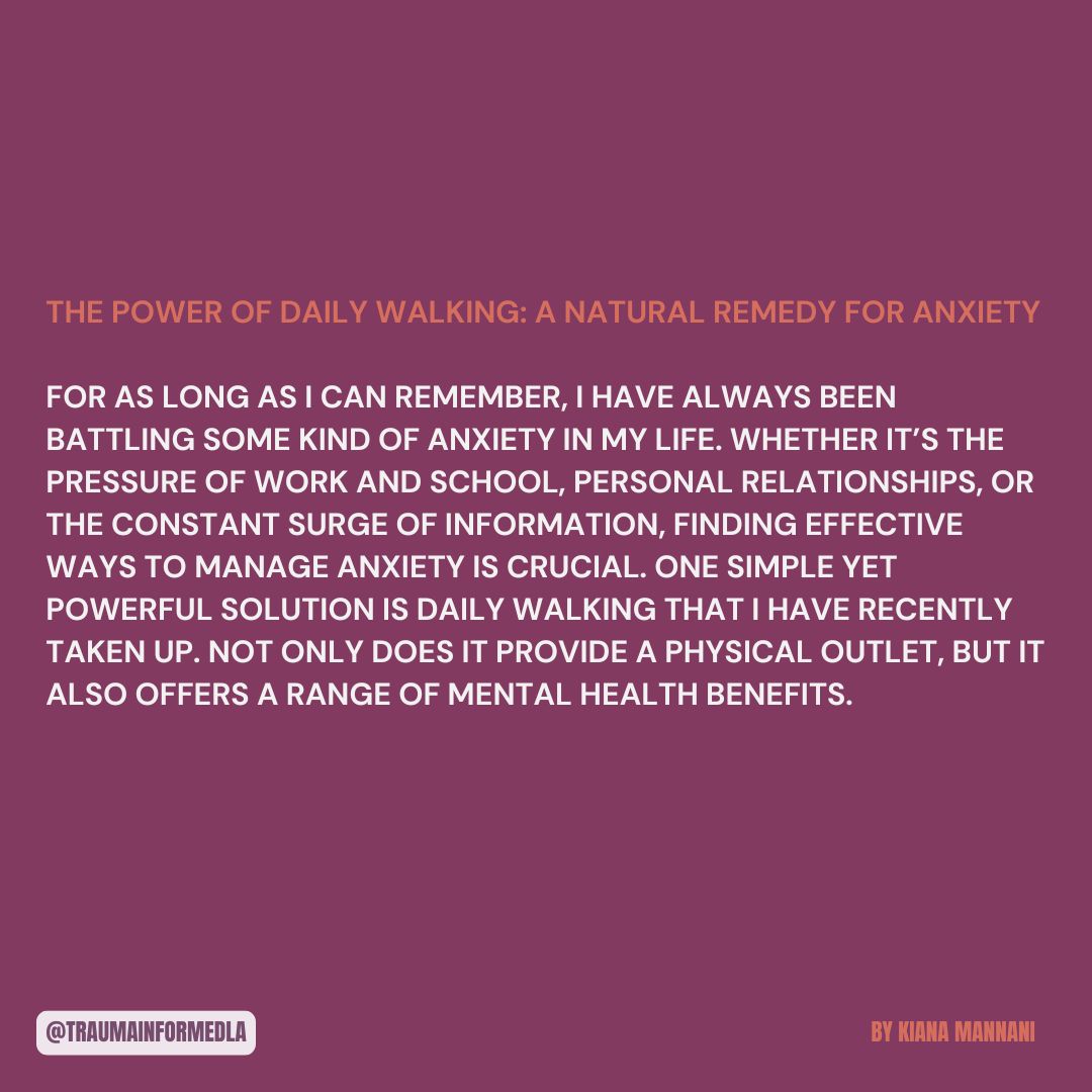 traumainformdla's tweet image. Happy Mindful Monday!! ❤️

This week&apos;s piece by Kiana Mannani focuses on how daily walking can be used as a remedy for anxiety! 🚶🏾‍♀️

Visit our website for more content!
To view previous blog posts, visit our blog! 🌻

#traumainformedla #blogday