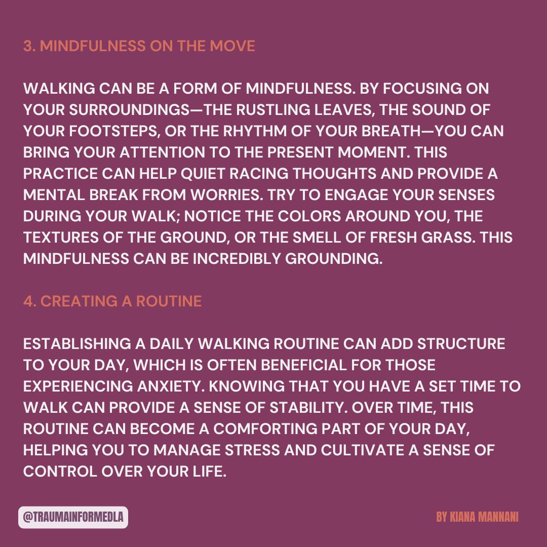 traumainformdla's tweet image. Happy Mindful Monday!! ❤️

This week&apos;s piece by Kiana Mannani focuses on how daily walking can be used as a remedy for anxiety! 🚶🏾‍♀️

Visit our website for more content!
To view previous blog posts, visit our blog! 🌻

#traumainformedla #blogday