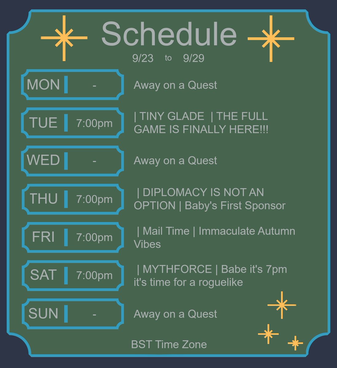 TalonAvalonVT's tweet photo. ⚔️WEEKLY SCHEDULE⚔️

The rainy season has finally hit Avalon so it's nothing but comfort games, post subathon! And by that I mean the launch of Tiny Glade, I have my first sponsor, a new game and the return the MythForce! 

#PNGtuber #VtuberUprising #Envtubers #VTStation https://t.co/jNIsFnKkXx