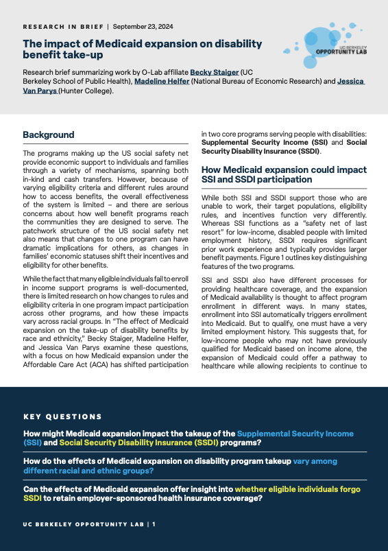 Berkeley_OLab's tweet image. How did Medicaid expansion under the #ACA impact takeup of #SSI and #SSDI, two programs providing economic support to people with disabilities? Explore our new research brief summarizing work from Becky Staiger of @UCBerkeleySPH + coauthors to learn more: static1.squarespace.com/static/57a3c0f…