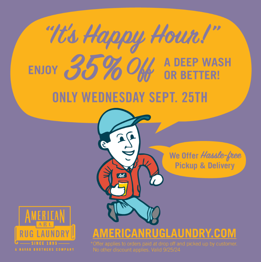 AmericanRug's tweet photo. At American Rug Laundry, we love providing value to our customers. This Wednesday only, save 35% on a deep wash or better from American Rug Laundry! Contact us today: https://t.co/8cGzaZRd4J https://t.co/Yq2nBpFLag