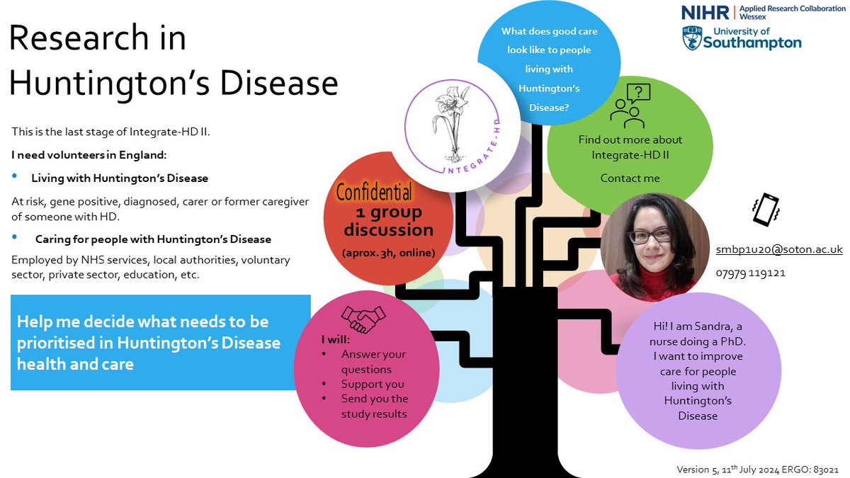 I am running an online group to discuss the preliminary results from the Integrate-HD project. What does good care look like in Huntington's?
Are you living with #huntingtonsdisease in England? Can you join 24th OR 25th October from 1-4pm?
Join us online for a lively chat!