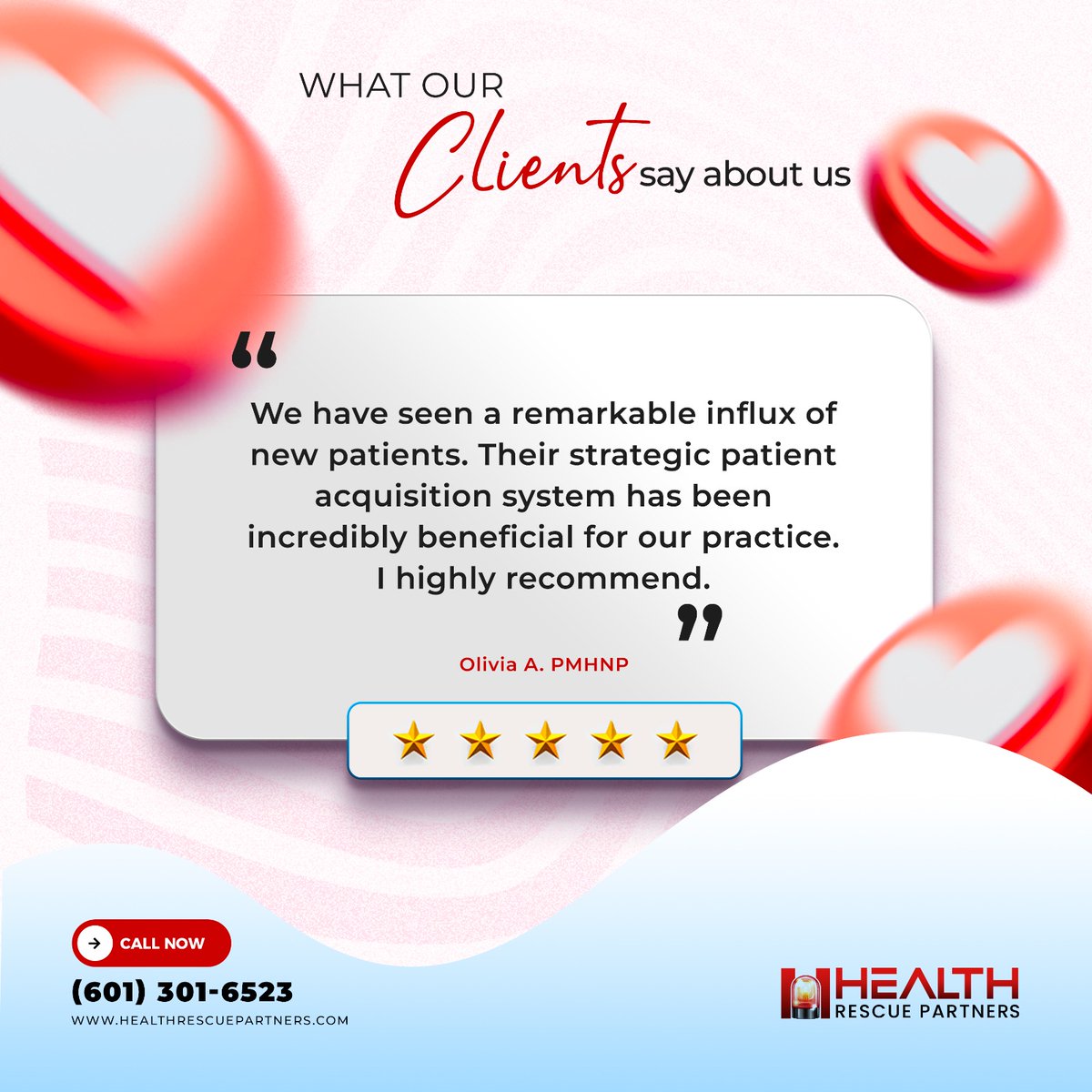 HRescuePartners's tweet photo. Want to grow your patient base? Our patient acquisition system has helped many practices thrive. 

Call Now: (601) 301-6523
Web: https://t.co/NI6UNwdfBh

#PracticeGrowth #HealthcareSuccess #PMHNP #HealthRescuePartners https://t.co/LEDe1N5Vpy