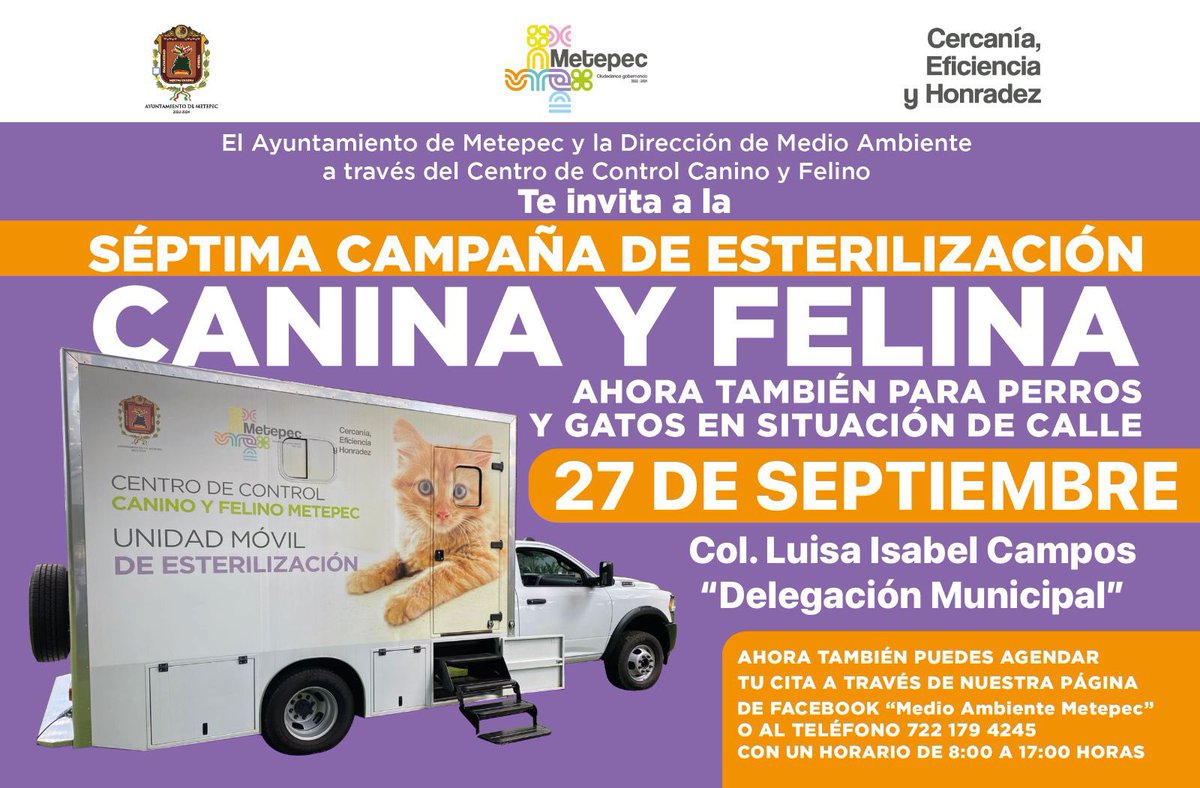 MetepecAmbiente's tweet photo. Acude a la “Séptima campaña móvil de esterilización canina y felina”, ahora también para perros y gatos en situación de calle. Agenda tu cita y fomenta la tenencia responsable de mascotas.
#CiudadanosGobernando
#MetepetFriendly https://t.co/f9YfdGLTGT