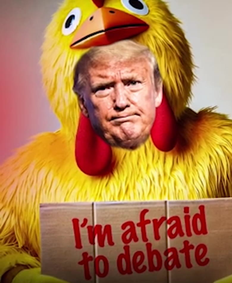 mmpadellan's tweet photo. All you clowns posting pictures of trump looking like a gladiator or like Rocky, might want to trade in your memes for pictures of him looking like a punk ass bitch coward or a chicken.

Because Mr. "any time, any place" is hiding from Kamala Harris the way he hid from the draft.

"It's too late" to find his tiny balls, they're in Kamala's purse.
