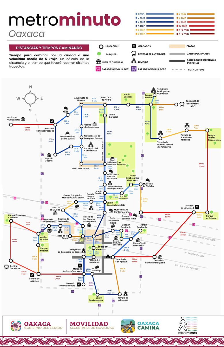 Oaxaca ya tiene su Metrominuto. Es decir, un mapa similar al del metro, pero diseñado para que quienes caminan tengan información sobre los destinos cercanos.
Algo básico como la señalización que durante décadas han tenido los automovilistas, pero ahora, pensados para personas.
