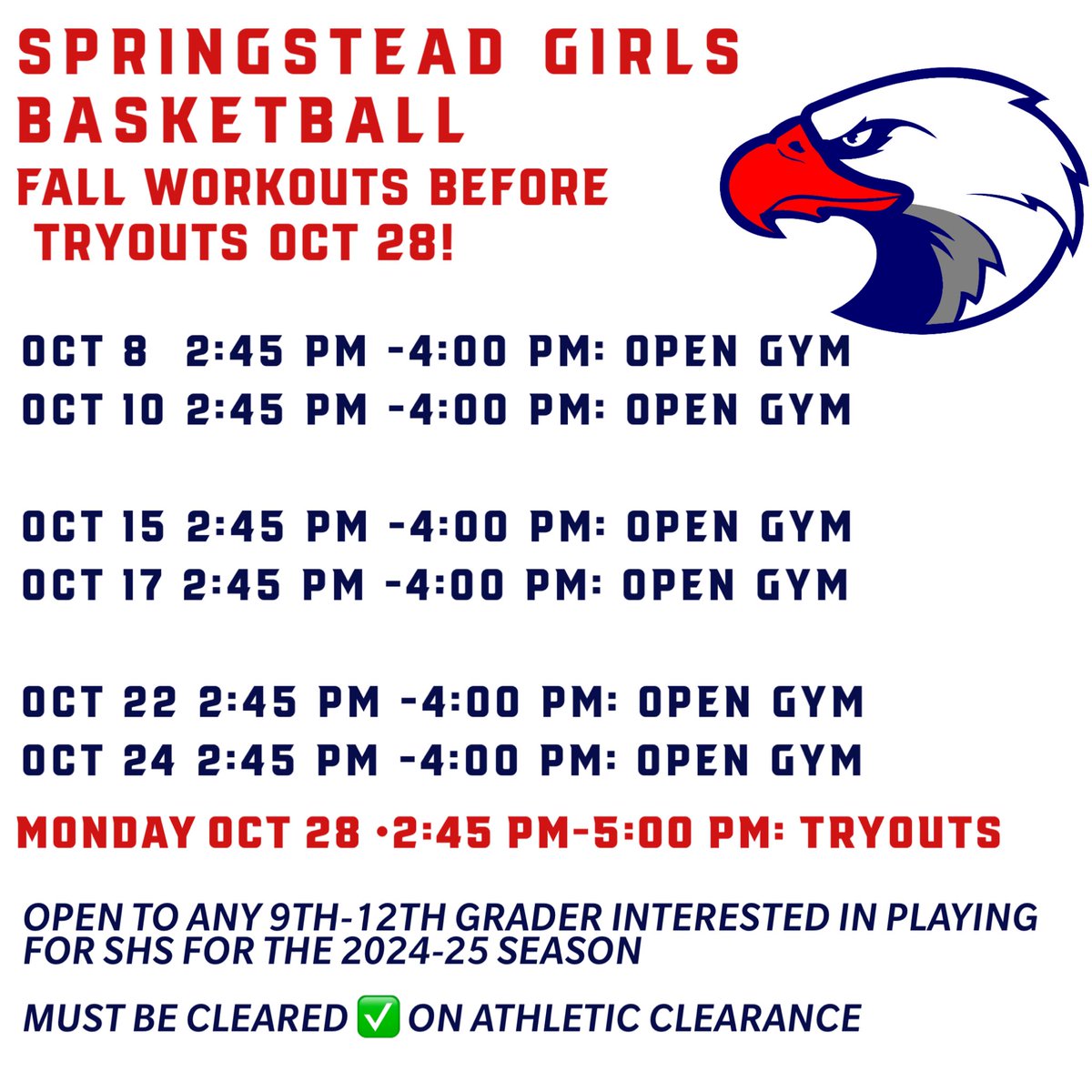 SteadGirlsHoops's tweet photo. Fall 2024 Open Gym Schedule https://t.co/sWl4svk8Dw