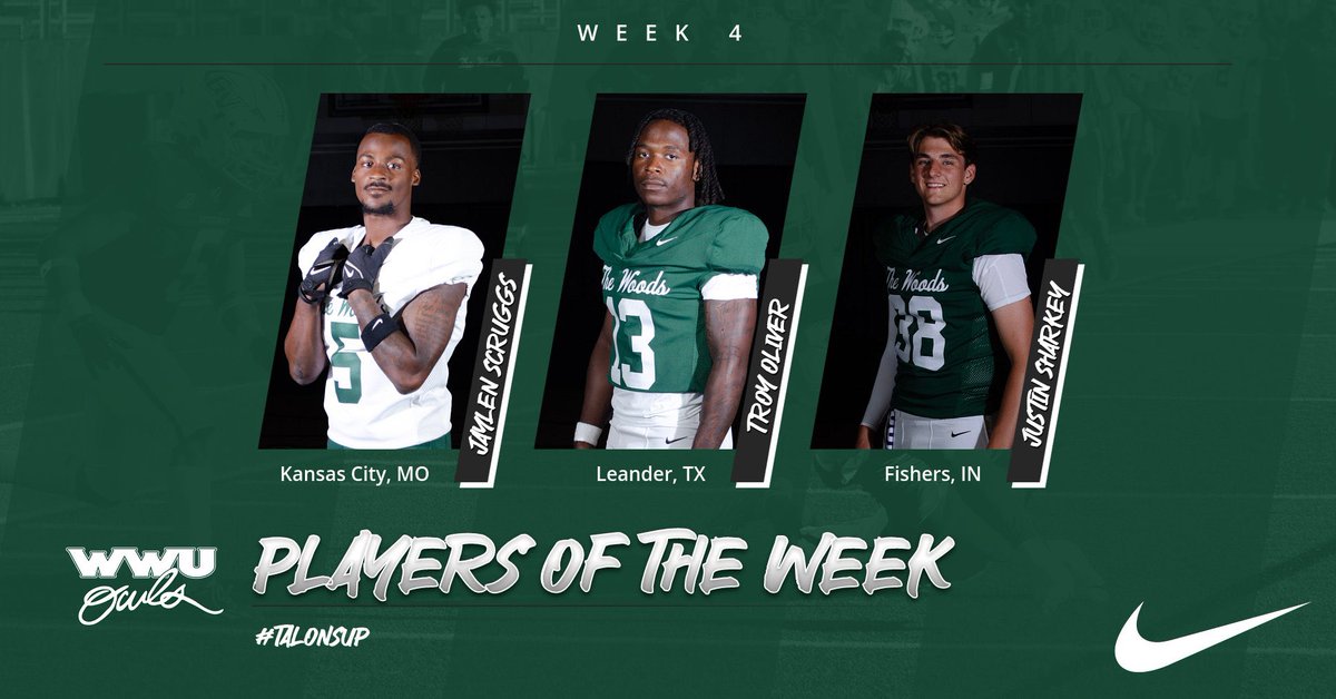 wwuowlsFB's tweet photo. Week 4 Players of the Week! 

Def: Jaylen Scruggs
Off: Troy Oliver
ST: Justin Sharkey

🦉 🏈 

#TalonsUp https://t.co/DjznGpuQhs