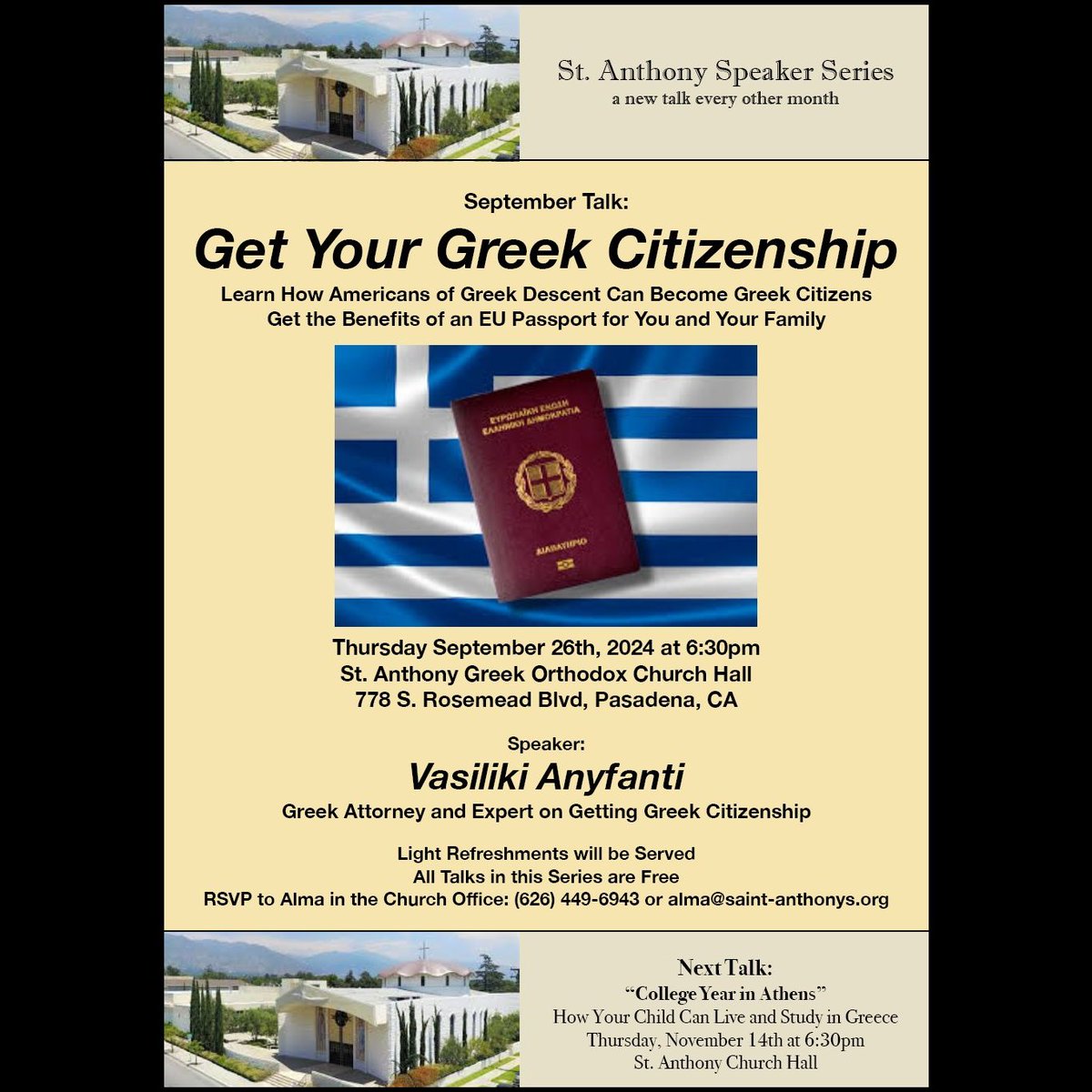 HollywoodGreeks's tweet photo. Learn about #GreekCitizenship this Thursday 9/26 in Pasadena, CA! Americans of #Greek descent can get the benefits of an EU #passport. Vasiliki Anyfanti, Greek attorney and expert, will be speaking. #greececitizenship #greekcitizen #greececitizen #greekpassport #vasilikianyfanti https://t.co/SnGW6EBSEM