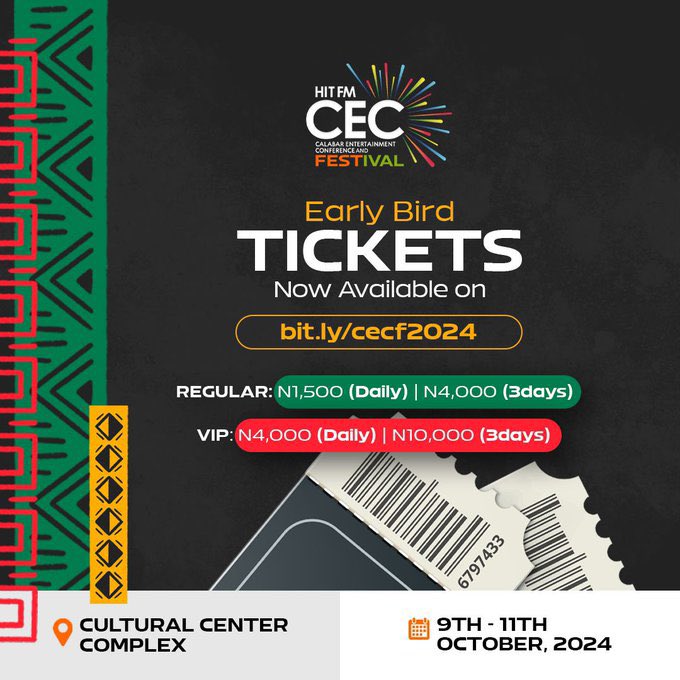 freesmokeradio's tweet photo. Don't miss out Early Bird Tickets. Grab your tickets now before they sell out!
Tickets/ registration to attend the conference at https://t.co/QcN1aWpEsL
#CEC2024 #HitfmCEC
Date: Wednesday 9th - Friday
11th of October, 2024
Venue: Cultural Center
Complex, Calabar. https://t.co/lVZrtQFTp5