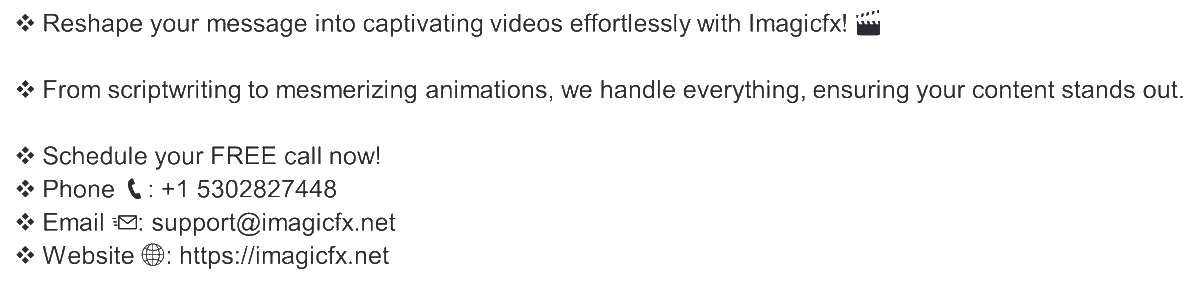 imagicfx's tweet photo. Reshape your message into captivating videos effortlessly with #Imagicfx! 🎬

From scriptwriting to mesmerizing animations, we handle everything, ensuring your content stands out.

Schedule your FREE call now!
Phone 📞: +1 5302827448

Website 🌐: https://t.co/K0LsUsLmvJ https://t.co/sfg3yHtB8L