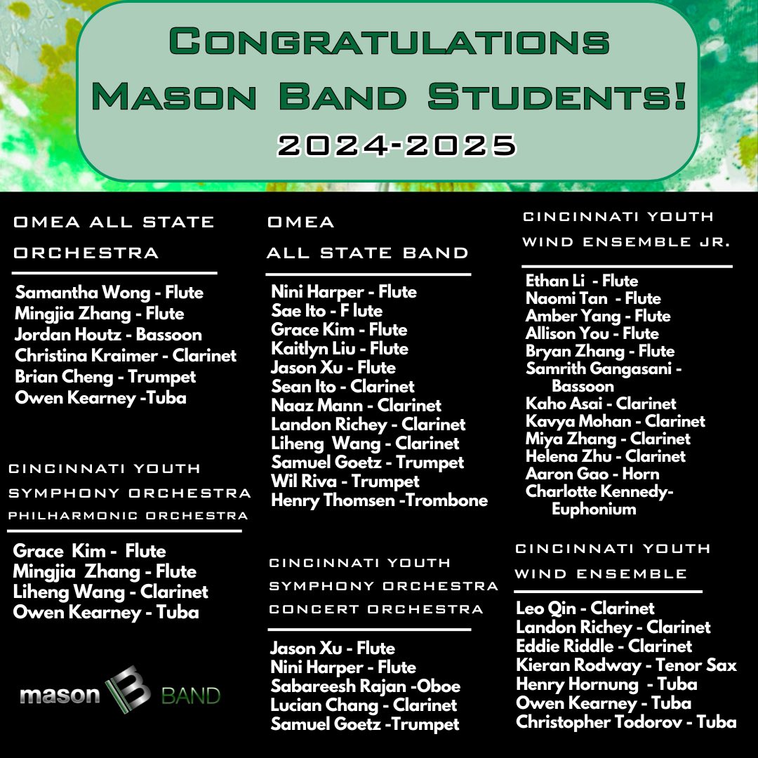 Congratulations to all of our Mason Band students selected for these prestigious auditioned ensembles. This is the largest group of students from Mason Bands ever selected for OMEA All-State Ensembles in school history! <a href="/OMEAOhio/">OMEA - Ohio</a>