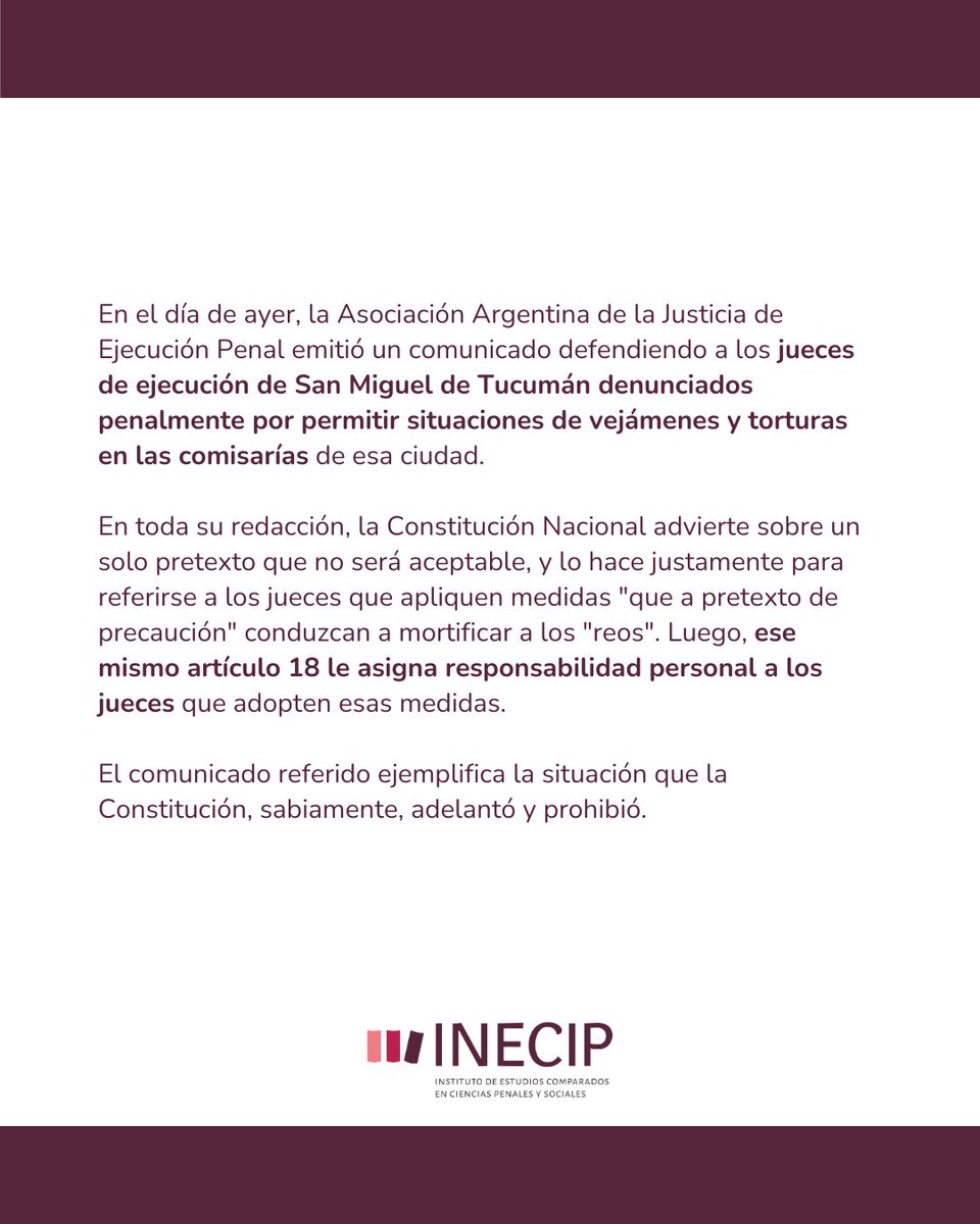 INECIP's tweet photo. 📢La Constitución es clara: ningún pretexto justifica la tortura o los vejámenes en comisarías. La campaña "No más presos en comisarías" busca frenar esta grave violación de derechos.

➡️ Deslizá las imágenes para leer el comunicado completo https://t.co/LCBDh8F1g5