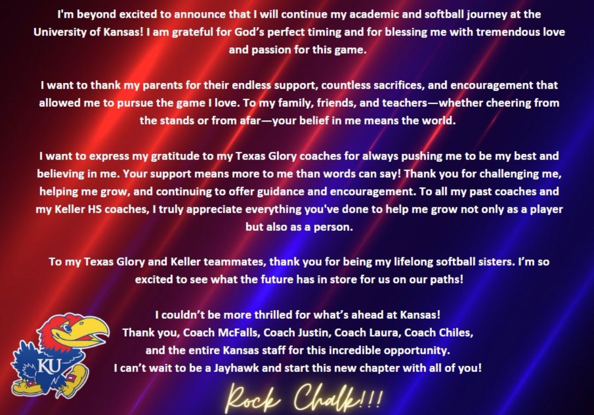 Mackenna Jackson (@mackjack2k26) on Twitter photo I’m a Jayhawk!!! #Committed ❤️🩵💙
<a href="/CoachMcFalls/">Jen</a> <a href="/JackNLucysDad/">Justin lewis</a> <a href="/LauraHeberling/">Coach H</a> <a href="/CoachChiles3/">Kaitlyn Chiles</a> <a href="/KUSoftball/">Kansas Softball</a> <a href="/glory2k26/">18u Texas Glory</a> <a href="/TGA_CoachAllen/">Keith Allen</a> #RockChalk I’m a Jayhawk!!! #Committed ❤️🩵💙
<a href="/CoachMcFalls/">Jen</a> <a href="/JackNLucysDad/">Justin lewis</a> <a href="/LauraHeberling/">Coach H</a> <a href="/CoachChiles3/">Kaitlyn Chiles</a> <a href="/KUSoftball/">Kansas Softball</a> <a href="/glory2k26/">18u Texas Glory</a> <a href="/TGA_CoachAllen/">Keith Allen</a> #RockChalk