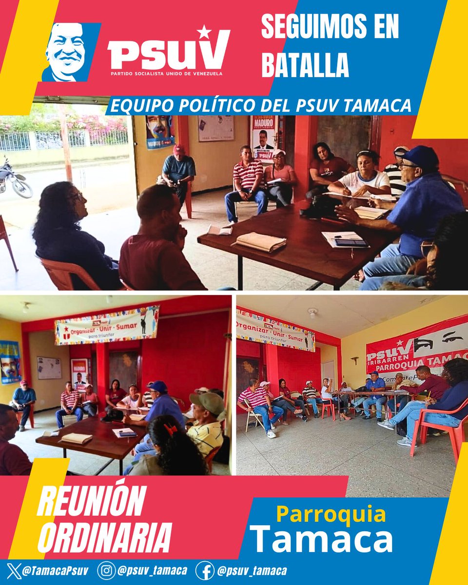 Reunión Ordinaria del Equipo Político Psuv de Tamaca
¡Seguimos en Batalla!
<a href="/NicolasMaduro/">Nicolás Maduro</a> <a href="/LuisJonasReyes/">Luis Jonás Reyes</a> <a href="/AdolfoP_Oficial/">Adolfo Pereira Gobernador</a> <a href="/PartidoPSUV/">PSUV</a> <a href="/PsuvIribarrenVe/">PSUV - Municipio Iribarren/Estado Lara</a> <a href="/angelrojito/">Angel y Humanista</a> <a href="/delcyrodriguezv/">Delcy Rodríguez</a> <a href="/LuisanaPress/">Luisana Castillo</a> <a href="/luisreyespsuv/">Luis Reyes Reyes</a> <a href="/dcabellor/">Diosdado Cabello R</a>