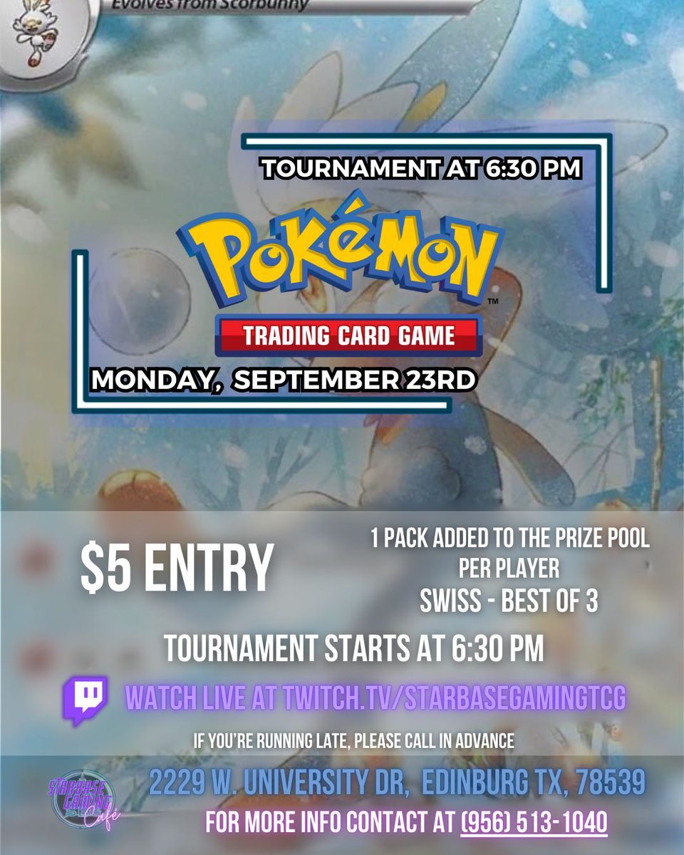 StarBaseGaming's tweet photo. 🎴 POKEMON and MAGIC 🎴 Join us this TONIGHT! (September 23th) for two TCG tournaments- Pokemon and Magic the Gathering! Pokemon will have a $5 entry fee and Magic will have a $6 entry fee. One booster pack added to the prize pool per player. https://t.co/SmWE06itSQ