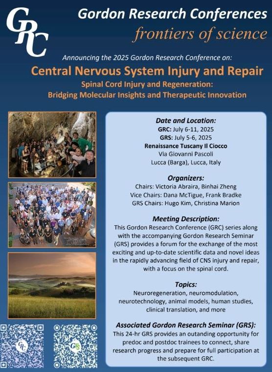 Spinal cord injury researchers, mark your calendars! The CNS Injury &amp; Repair GRC is coming to Tuscany, July 6-11, 2025. Explore cutting-edge spinal cord injury research. Registration is now open for this premier scientific event. Network with field leaders! #sciGRC2025