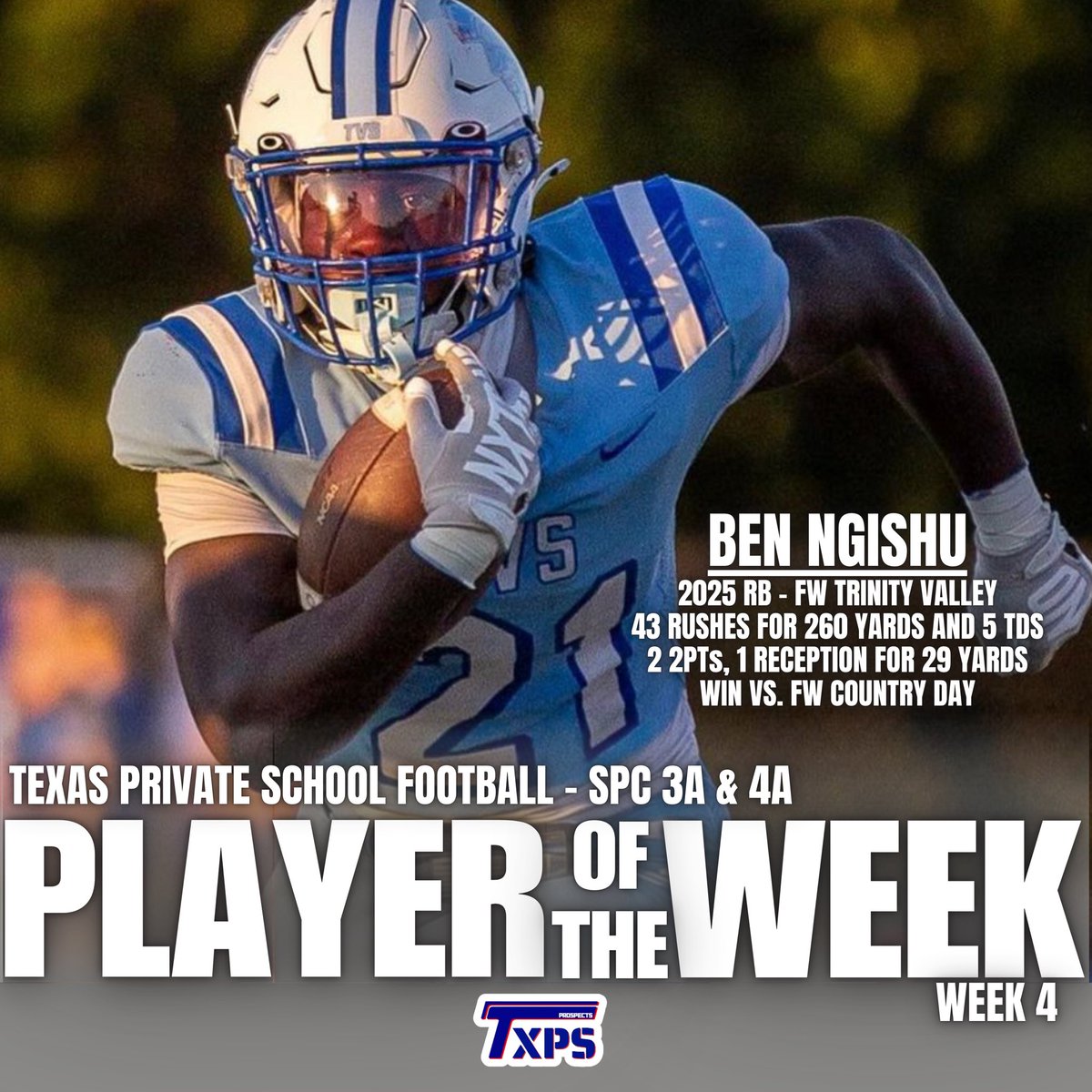Texas Private School Football (@txprivatefbguy) on Twitter photo 🚨 TXPSFB Player of the Week 🚨
🚨 SPC🚨
🚨 Week 4 🚨
Ben Ngishu - <a href="/NgishuB/">Ben Ngishu</a>
2025 RB - FW Trinity Valley
<a href="/TVSathletics/">TVS Trojans</a>
<a href="/CoachMMorrison/">Matt Morrison</a>
#RecruitTXPSFB 🚨 TXPSFB Player of the Week 🚨
🚨 SPC🚨
🚨 Week 4 🚨
Ben Ngishu - <a href="/NgishuB/">Ben Ngishu</a>
2025 RB - FW Trinity Valley
<a href="/TVSathletics/">TVS Trojans</a>
<a href="/CoachMMorrison/">Matt Morrison</a>
#RecruitTXPSFB