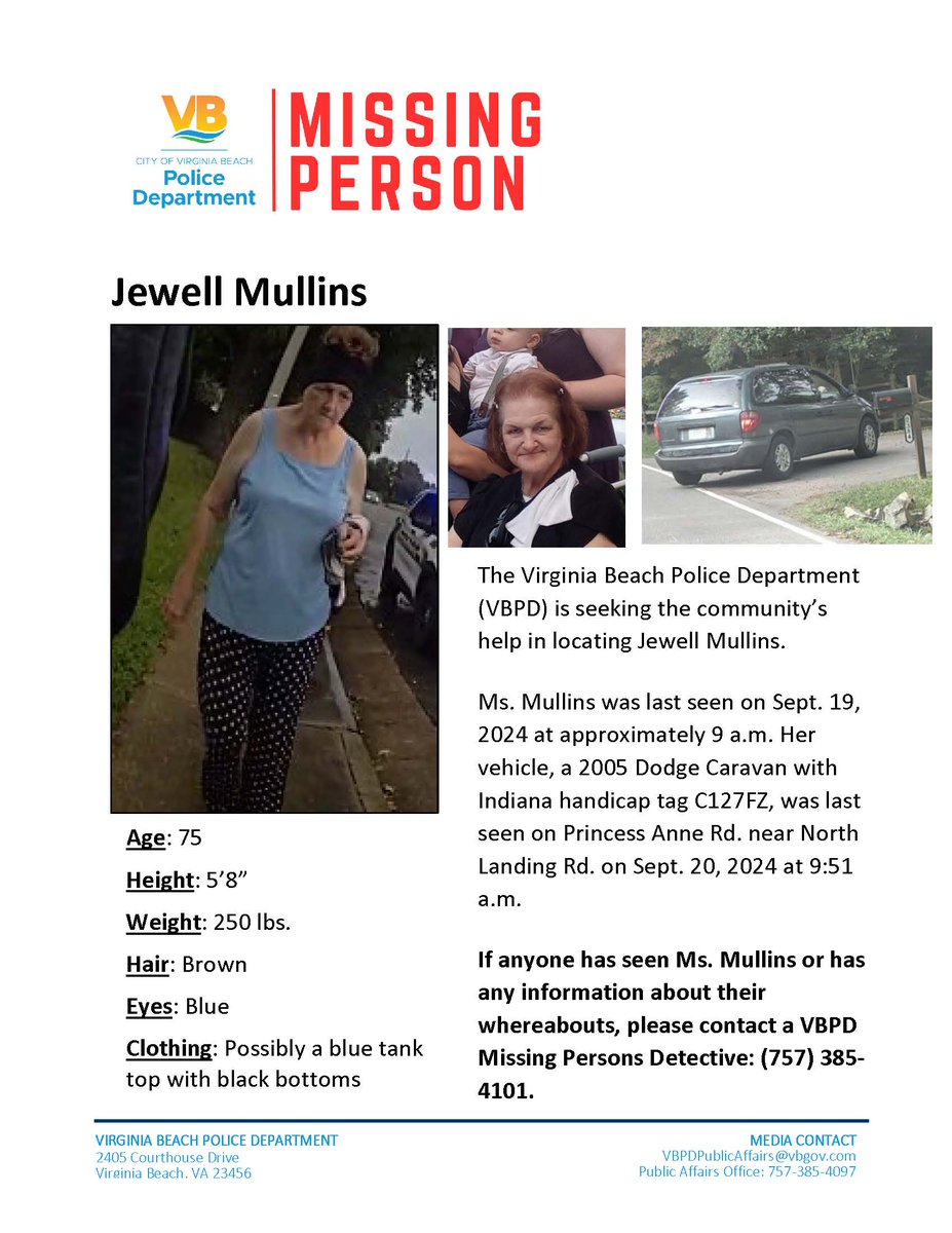 VBPD's tweet photo. Have you seen this missing person?
If you have information on the individual's whereabouts, contact a VBPD Missing Persons Detective at 757-385-4101. https://t.co/r2ztVACf64