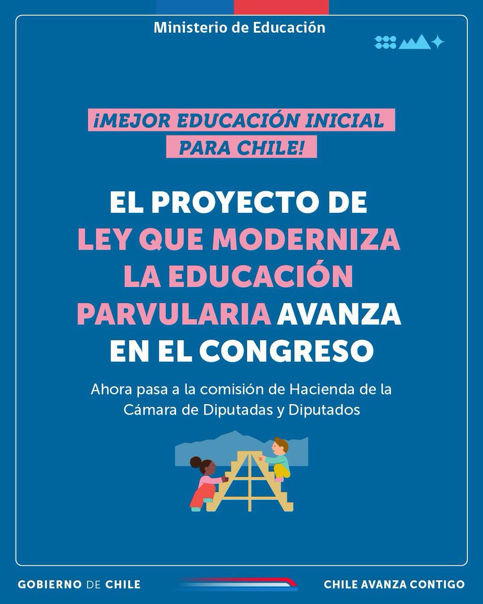 Hoy la comisión de Educación <a href="/Camara_cl/">Diputadas y Diputados de Chile</a> aprobó el proyecto de modernización de la Educación Parvularia, que pone su foco en el bienestar integral de niñas y niños.
Porque #LaEducaciónParvulariaAvanza, te invitamos a conocer más sobre este proyecto en: 
🔗 parvularia.mineduc.cl/proyecto-moder…