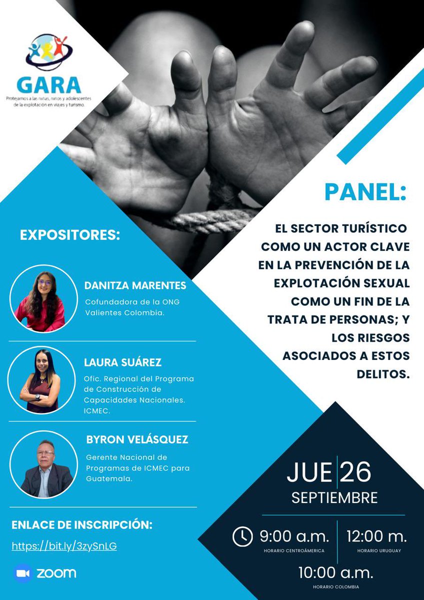 Panel sobre Prevención de la Explotación Sexual en el Turismo🌍
En el marco del Día Internacional Contra la Explotación Sexual y la Trata de Personas,  GARA te invita a un importante panel.
¡No te lo pierdas!
🔗 *Inscríbete aquí:* [bit.ly/3zySnLG