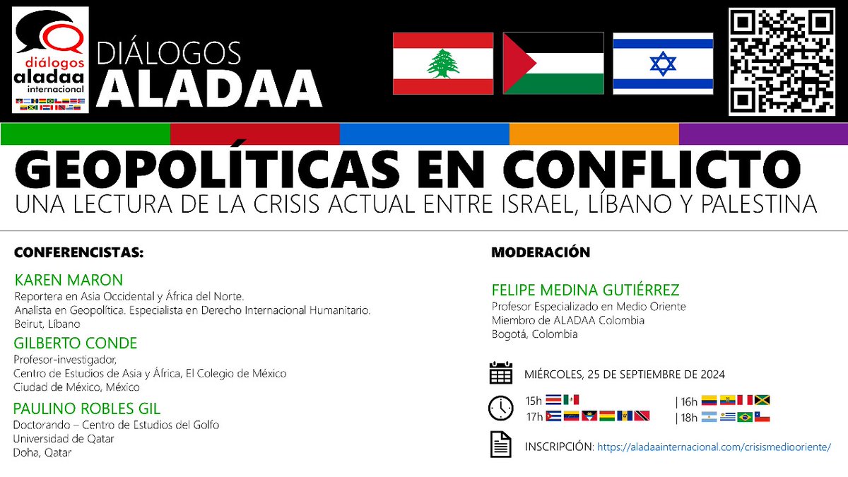 Invitamos a toda nuestra comunidad académica al webinar Geopolíticas en Conflicto: Una lectura de la Crisis Actual entre Israel, Líbano y Palestina
Fecha: Miércoles 25 de septiembre de 2024
Inscripción previa: forms.gle/J9ayxZAKzaqh8H…