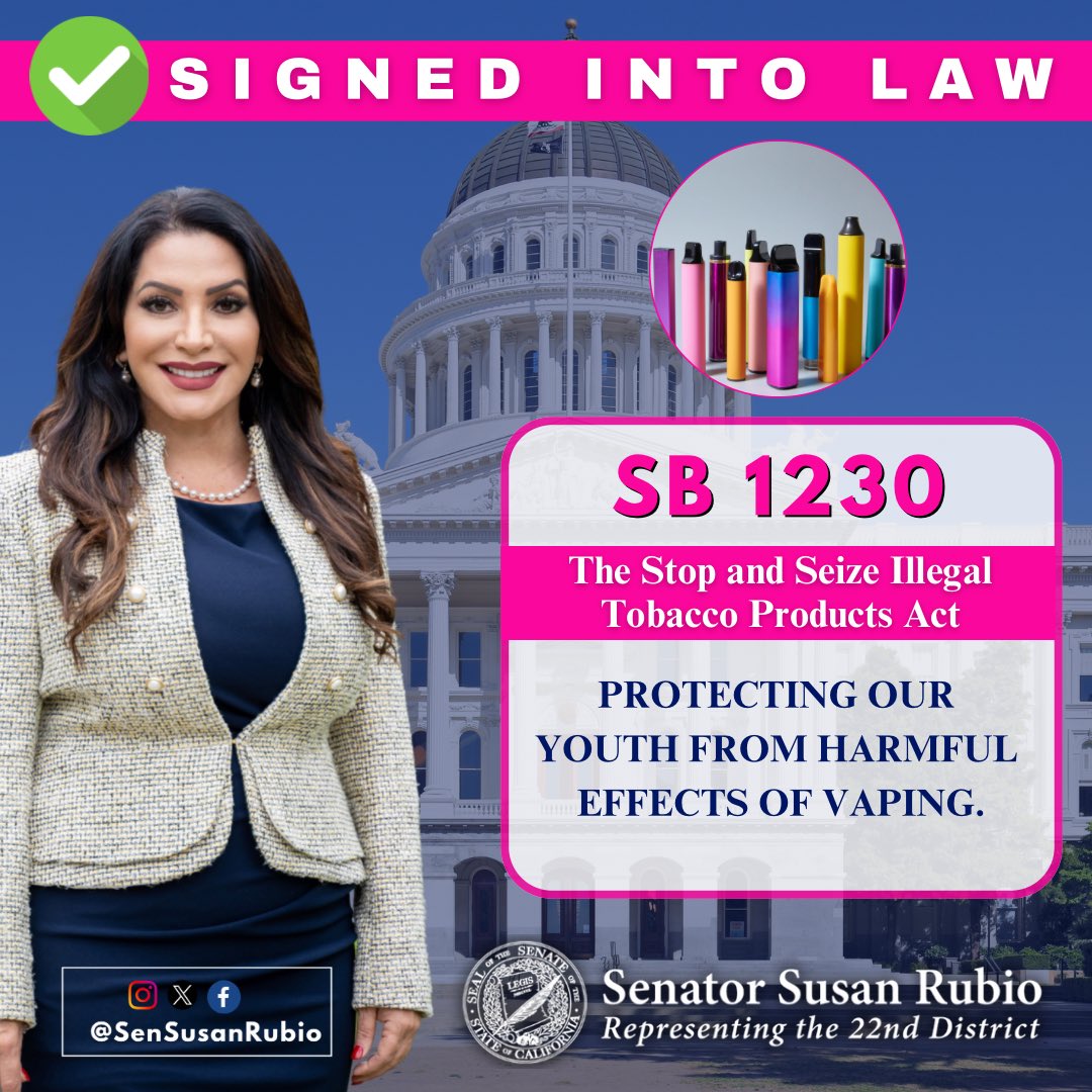 Illegal flavored tobacco products endanger California’s youth. I'm proud to announce my bill #SB1230, the STOP and Seize Illegal Tobacco Products Act, has been signed into law, strengthening enforcement and protecting our children’s health. 
#TobaccoFreeKids #CALeg #