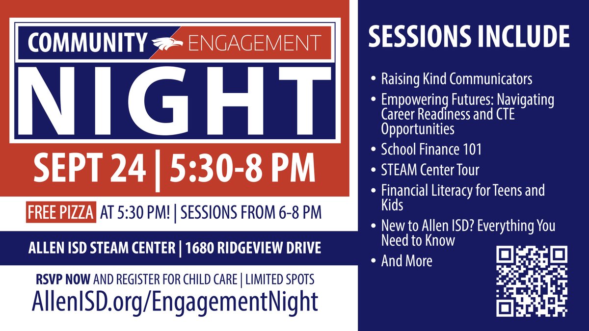 Community Engagement Night is TOMORROW, Tuesday, September 24 from 5:30-8 p.m. at the Allen ISD STEAM Center. This is your last chance to RSVP for the event! allenisd.org/engagementnight