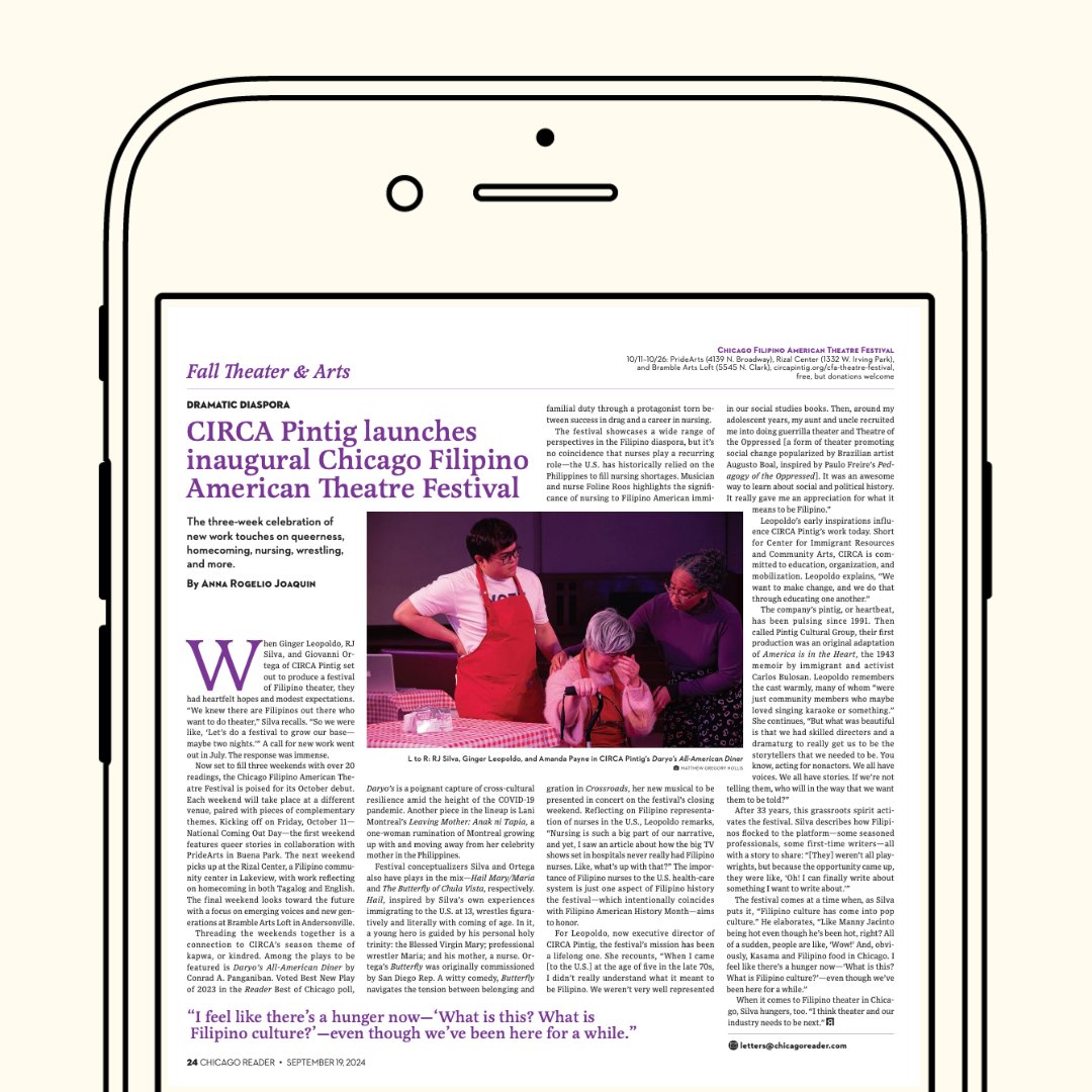Shoutout to Arianna Unabia Aquino for the super cute illustration &amp; Anna Rogelio Joaquin for the thoughtful article on our First Chicago Filipino American Theatre Festival! ⁠<a href="/Chicago_Reader/">Chicago Reader</a> 
⁠
Read all about it by going to: issuu.com/chicago_reader…⁠

Festival 🎟️ at the🔗in bio
