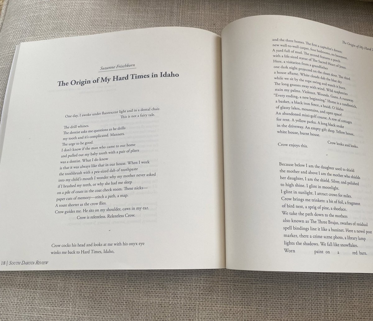 Thrilled to have my long poem (5 pgs!) “The Origin of My Hard Times in Idaho” in the gorgeous 58.4 issue of <a href="/SoDakReview/">South Dakota Review</a> Many thanks to <a href="/artichokeheart/">Lee Horikoshi Roripaugh</a> and the rest of the team at South Dakota Review!