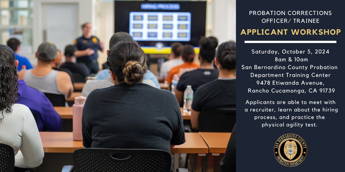 SBCprobation's tweet photo. Join us for one of our two Probation Corrections Officer Applicant Workshops on Saturday, October 5, 2024. Please register for one of the sessions below: 
 
Section A: 8:00-10:00am
https://t.co/0F618E51SY
 
Section B: 10:00-12:00pm
https://t.co/q66bMTAnyz
 
#JoinTheTeam https://t.co/Z3mi7YdU2J