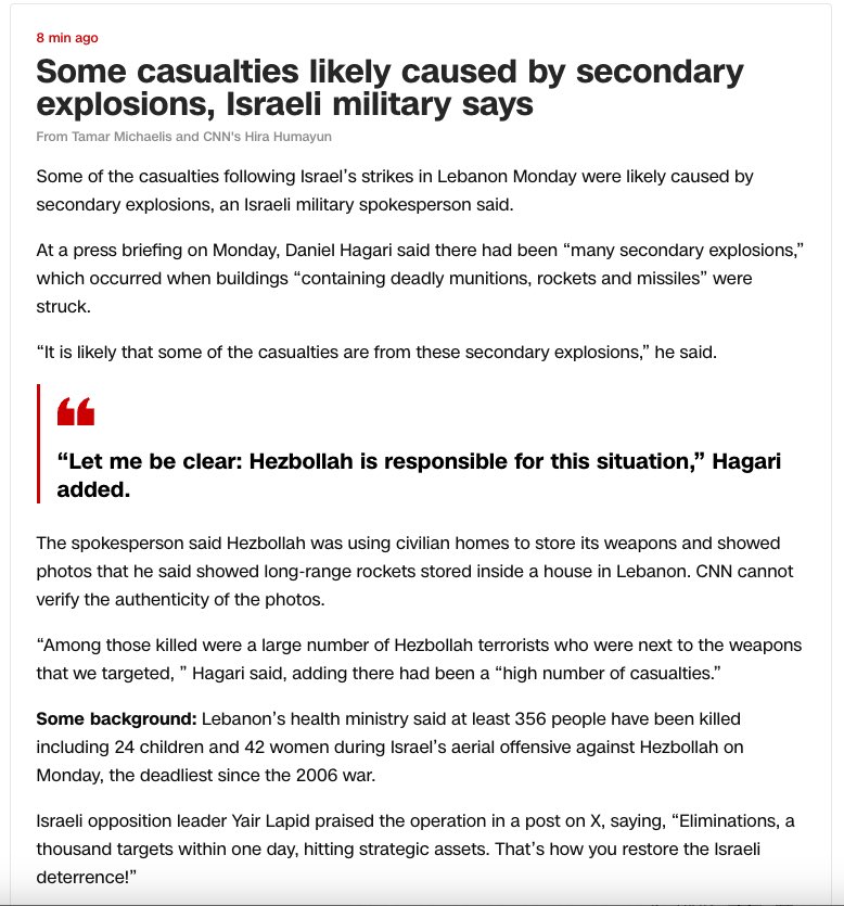 malsaafin's tweet photo. On the day Israel massacres 500 people across Lebanon, CNN is running what is essentially an Israeli army press release as news.

Anyway, Tamar Michaelis, one of the report’s co-authors, used to work in the Israeli army’s Spokesperson Unit. https://t.co/bh6tc9wv3a