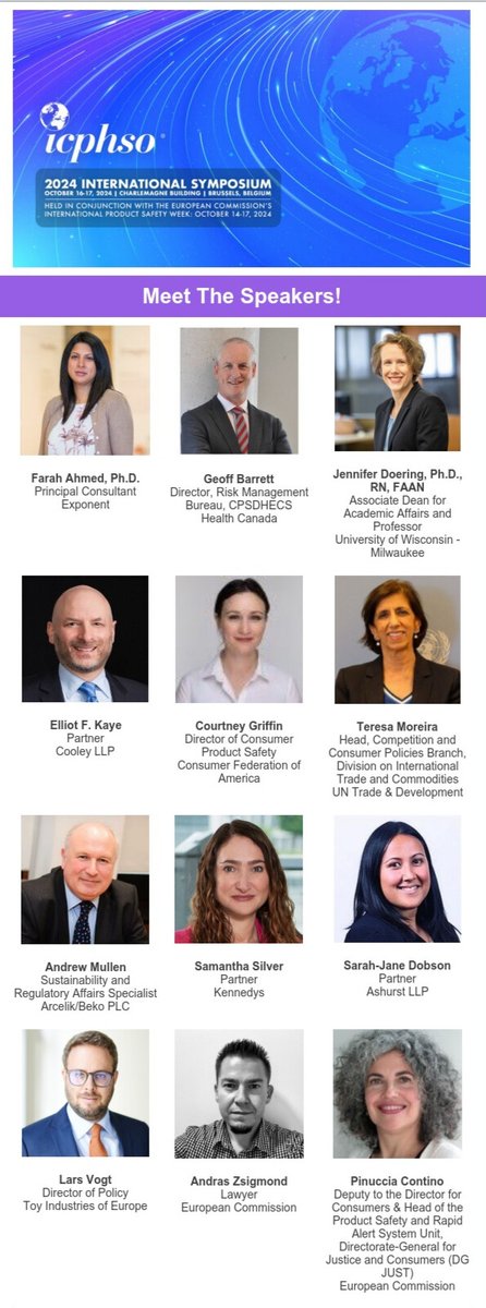 ICPHSO's tweet photo. #ICPHSO 2024 International Symposium, Brussels, 10/16-17/24, in conjunction with 2024 International Product Safety Week (IPSW).  Hear from these speakers and more!  Registration Deadline 10/8/24: https://t.co/dzdvvQXcVa  #ICPHSO24 #productsafety #IPSW https://t.co/k9ZrLJThCi