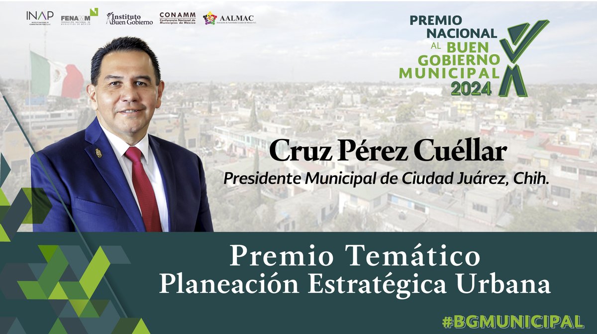 Alcalde de Ciudad Juárez <a href="/MunicipioJuarez/">Ciudad Juárez</a>, <a href="/CruzPerzCuellar/">Cruz Pérez Cuéllar</a>, recibe galardón Premio Nacional Temático sobre <Planeación Estratégica Urbana>

Se reconoce la implementación y cualidades del Proyecto <Visión Ciudad Juárez 2040> realizado junto a <a href="/ONUHabitatMex/">ONU-HABITAT México</a>